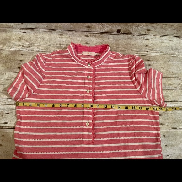 HP! Tory Burch Soft Ruffle Trim Striped Polo size Large - Picture 4 of 11